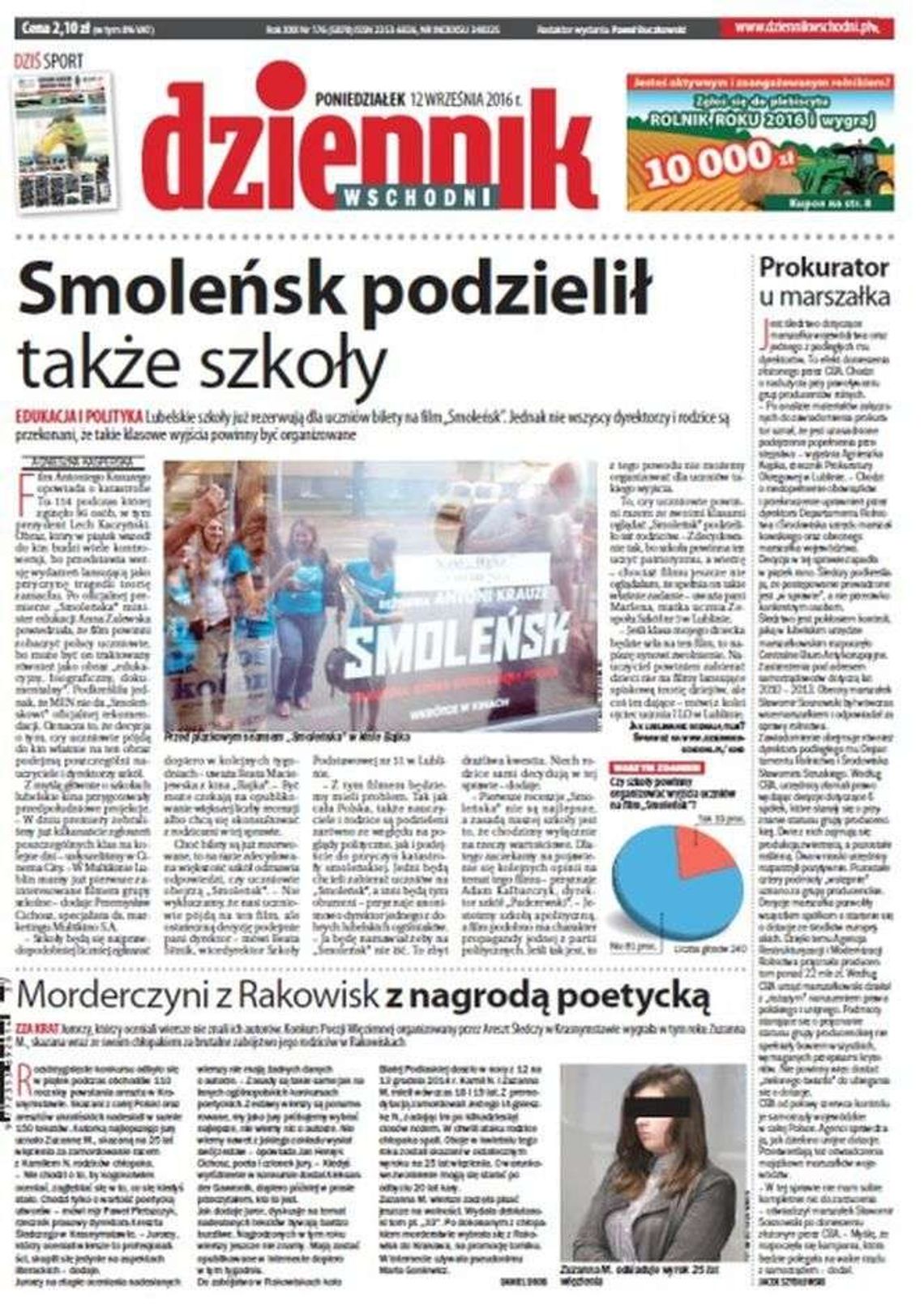 Pierwsza strona Dziennika Wschodniego z 12 września 2016 roku