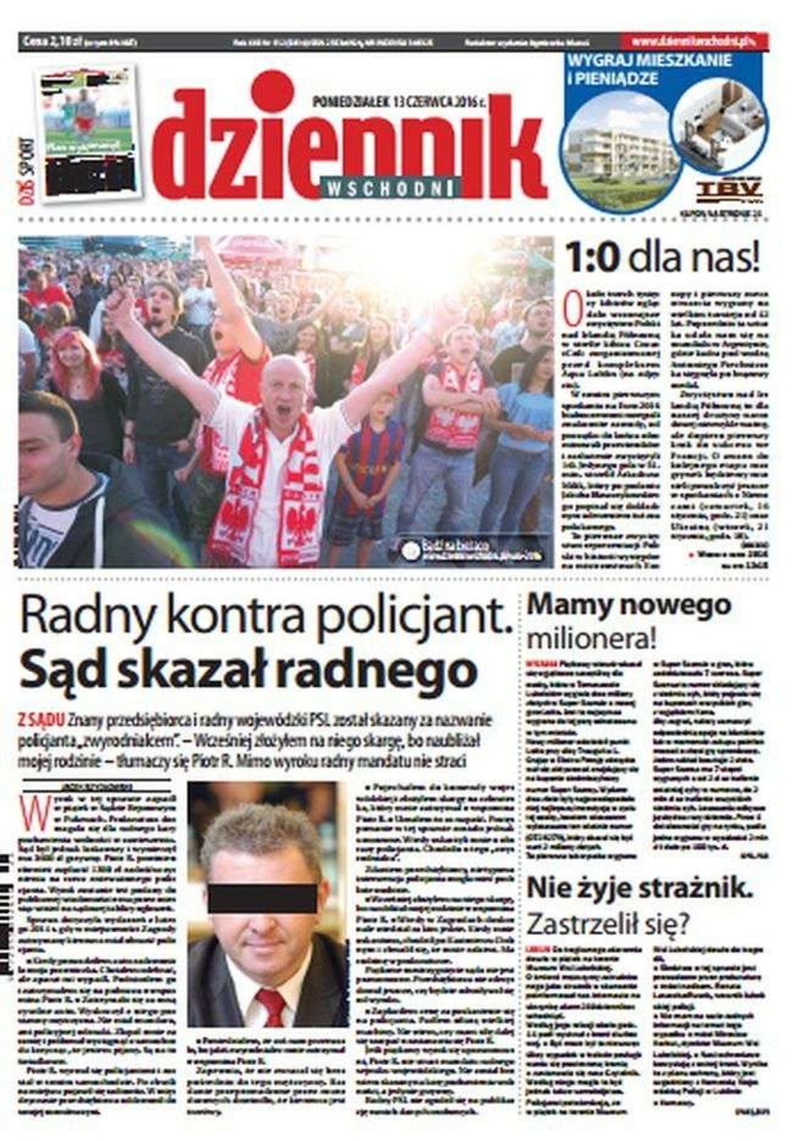 Pierwsza strona Dziennika Wschodniego z 13 czerwca 2016 r.