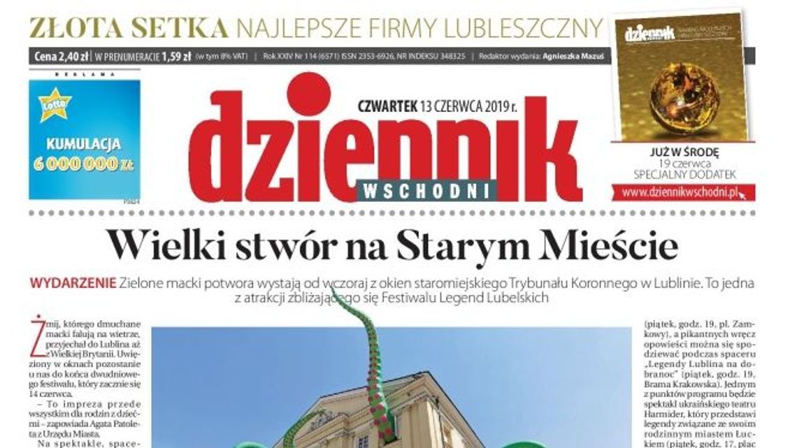 Pierwsza strona Dziennika Wschodniego z 13 czerwca 2019