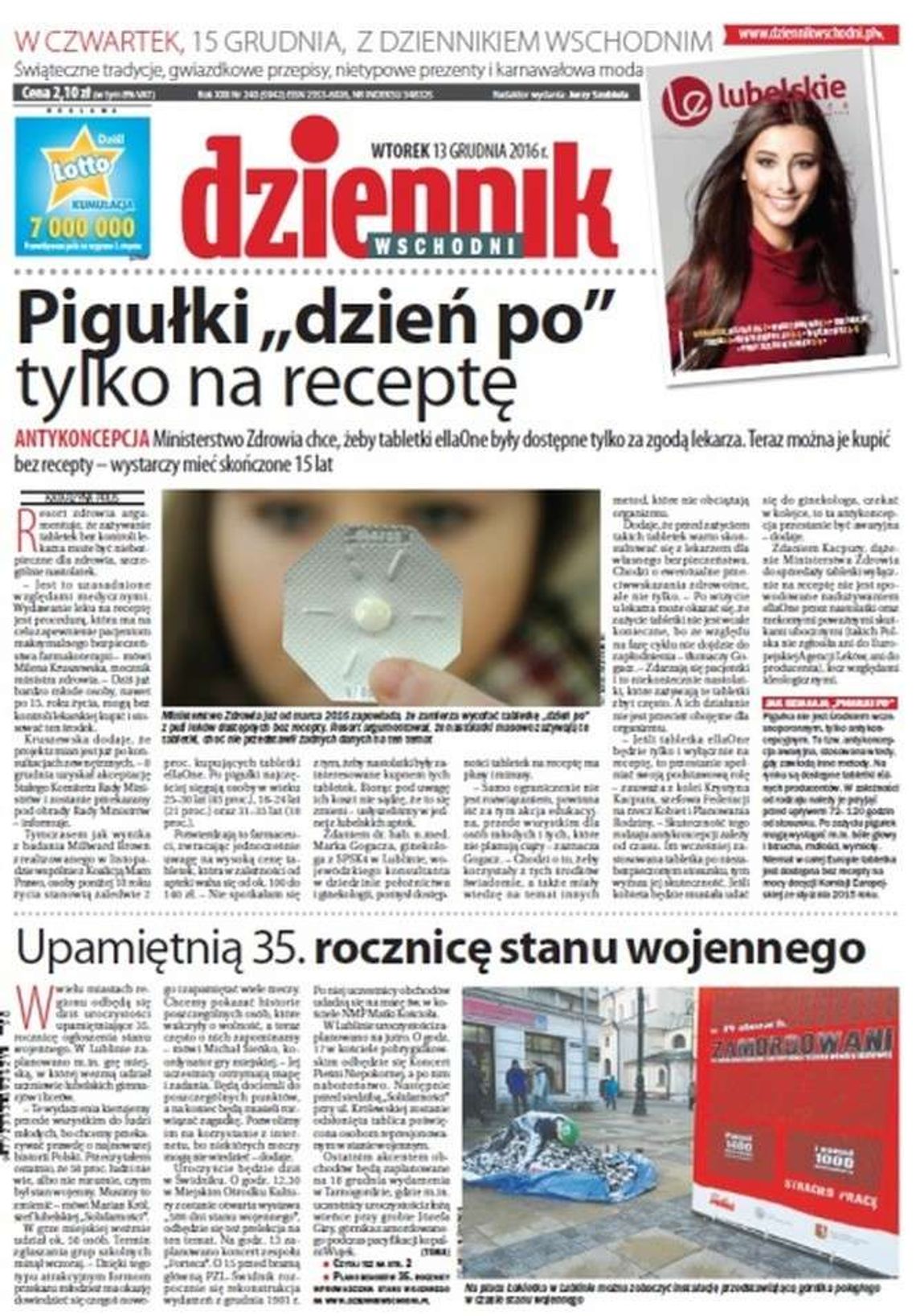 Pierwsza strona Dziennika Wschodniego z 13 grudnia 2016 roku