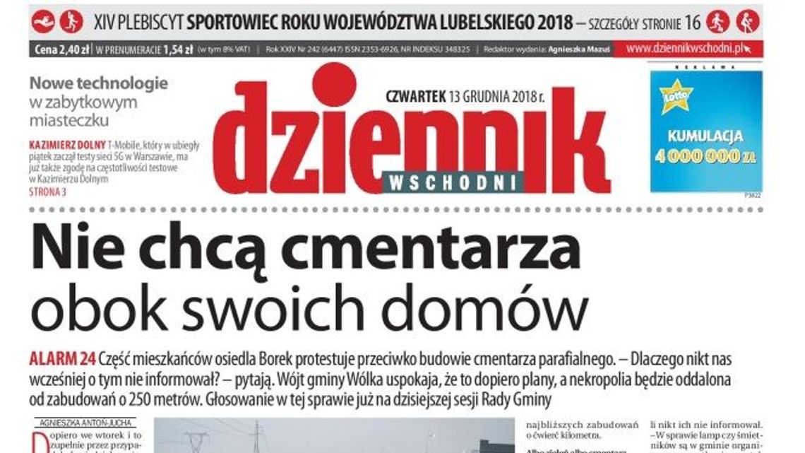 Pierwsza strona Dziennika Wschodniego z 13 grudnia 2018 r.