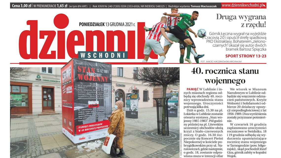 Pierwsza strona Dziennika Wschodniego z 13 grudnia 2021 r. 