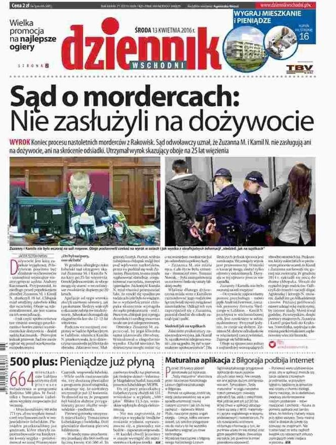 Pierwsza strona Dziennika Wschodniego z 13 kwietnia 2016