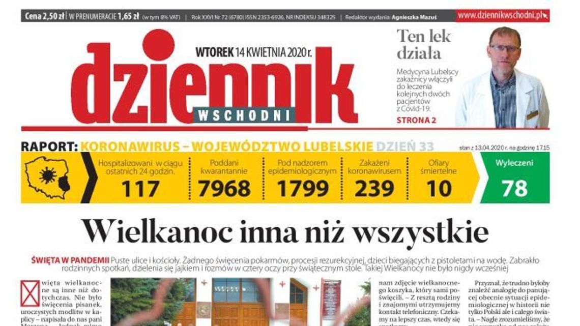 Pierwsza strona Dziennika Wschodniego z 13 kwietnia 2020 r.