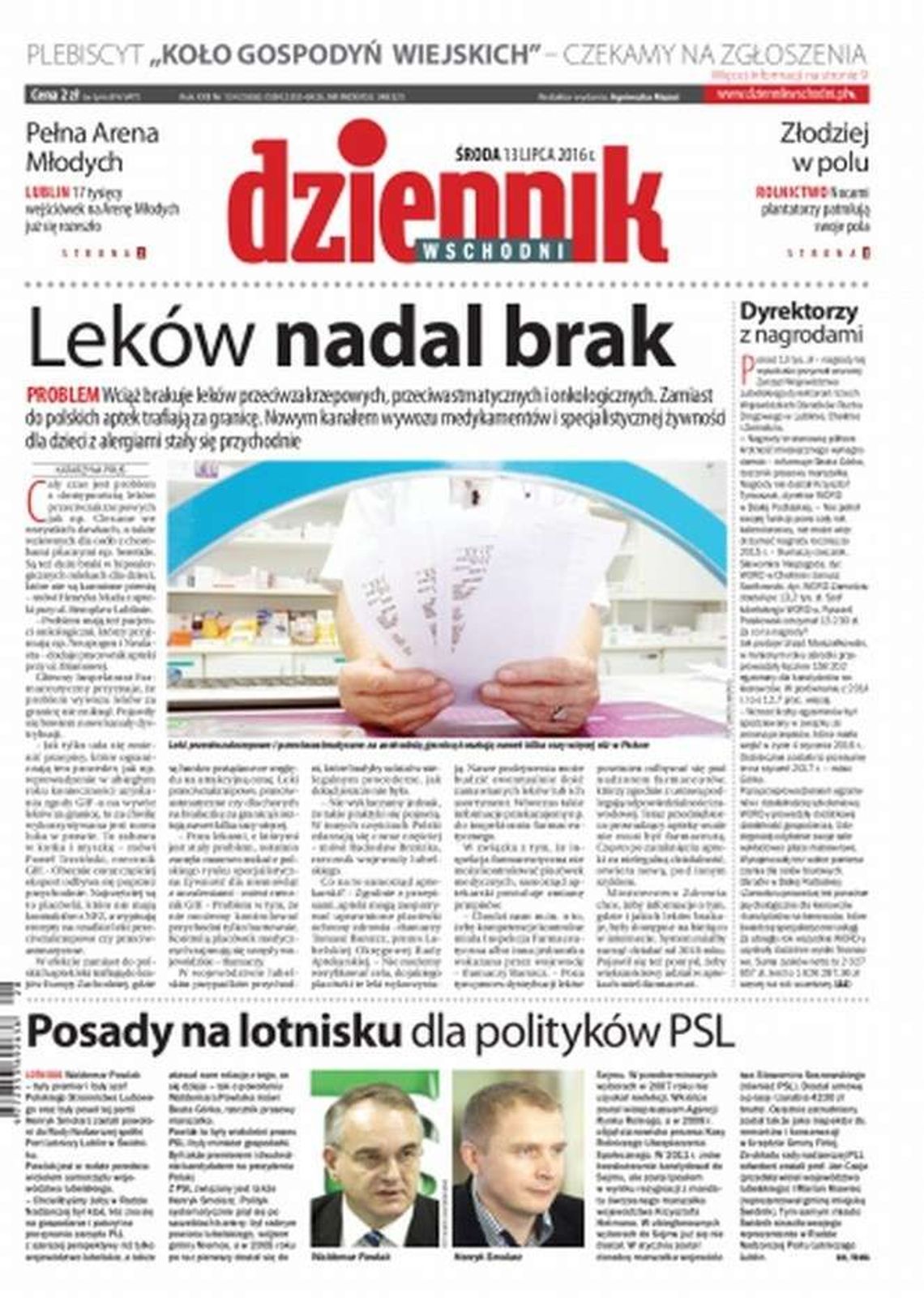 Pierwsza strona Dziennika Wschodniego z 13 lipca 2016 r.