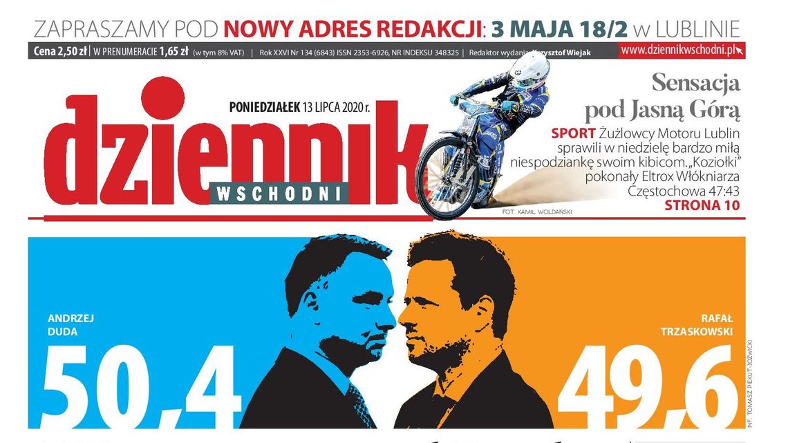 Pierwsza strona Dziennika Wschodniego z 13 lipca 2020 r.