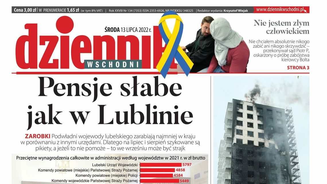 Pierwsza strona Dziennika Wschodniego z 13 lipca 2022 roku