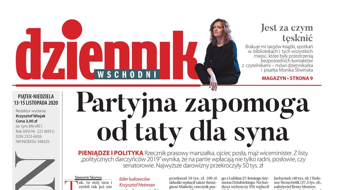 Pierwsza strona Dziennika Wschodniego z 13 listopada 2020 r. 