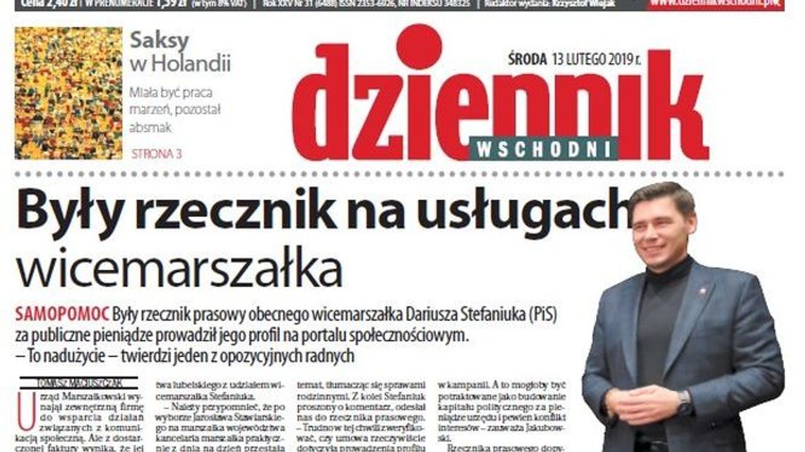 Pierwsza strona Dziennika Wschodniego z 13 lutego 2019 roku