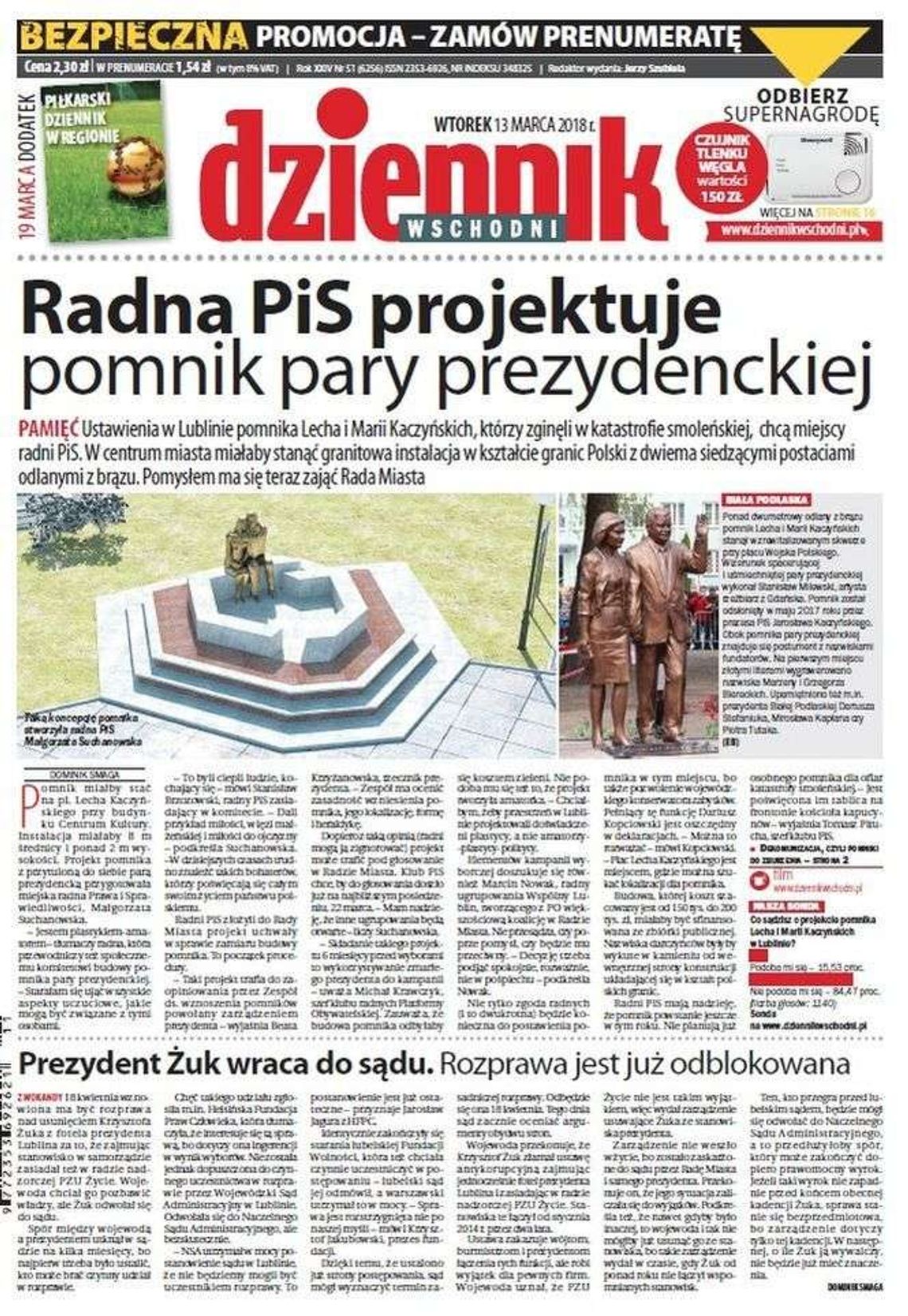 Pierwsza strona Dziennika Wschodniego z 13 marca 2018 roku