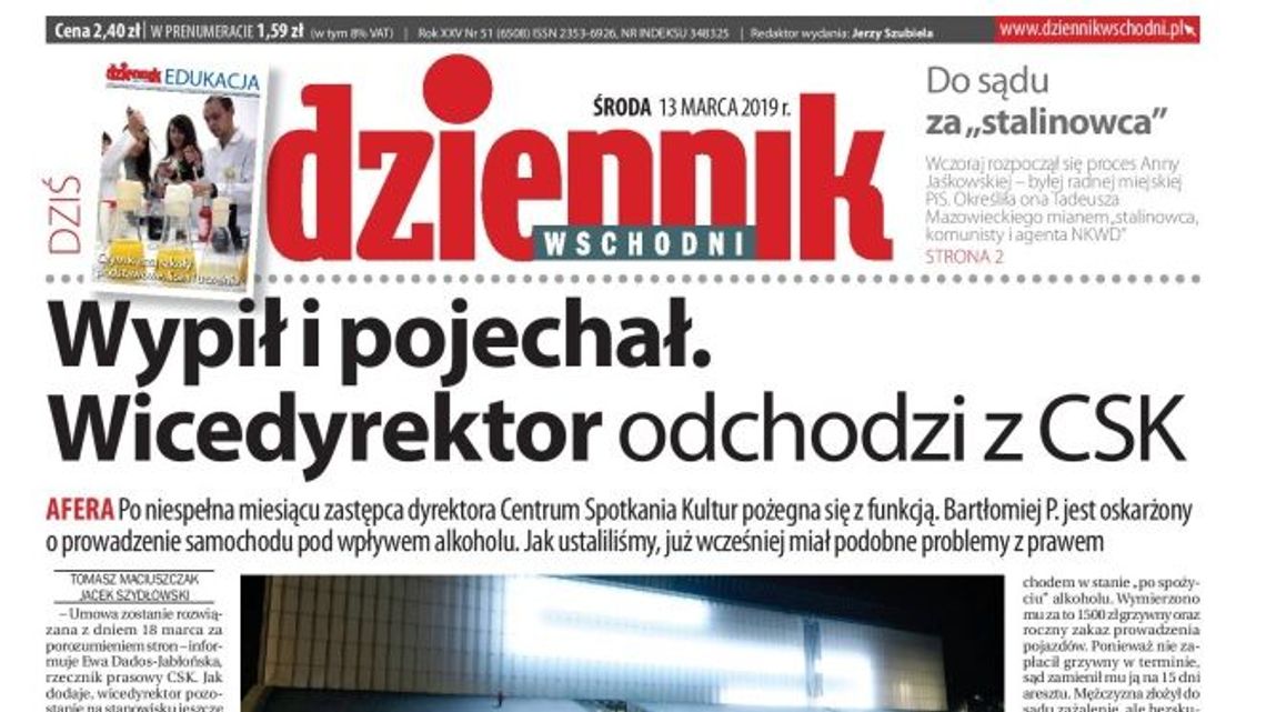 Pierwsza strona Dziennika Wschodniego z 13 marca 2019 r.