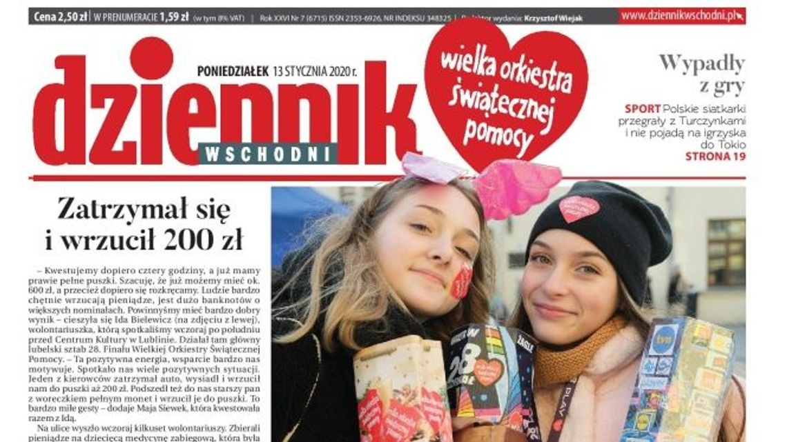 Pierwsza strona Dziennika Wschodniego z 13 stycznia 2020 r.