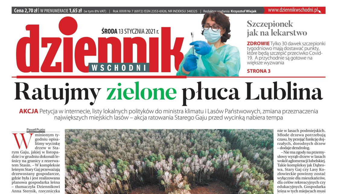 Pierwsza strona Dziennika Wschodniego z 13 stycznia 2021 r.