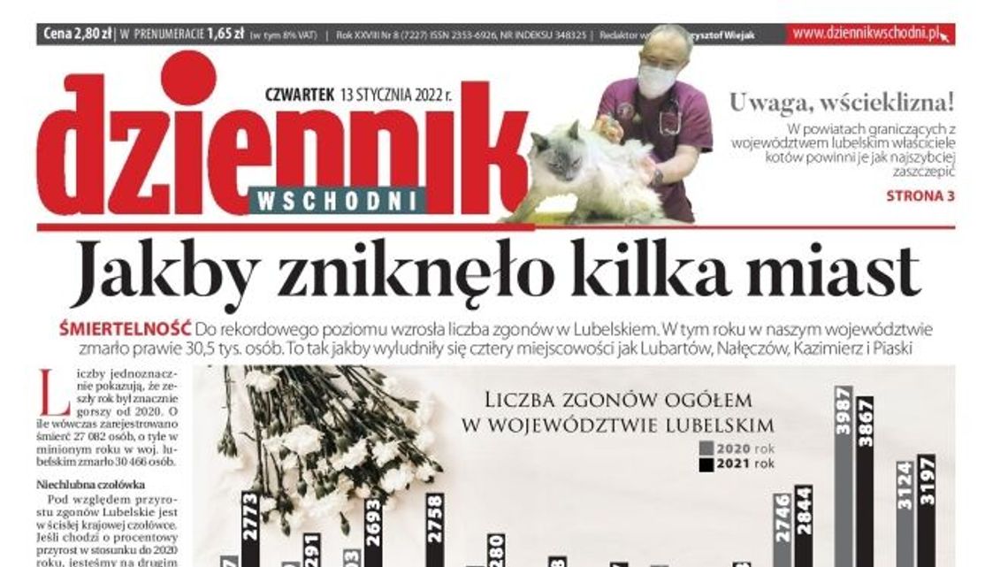 Pierwsza strona Dziennika Wschodniego z 13 stycznia 2022 r.