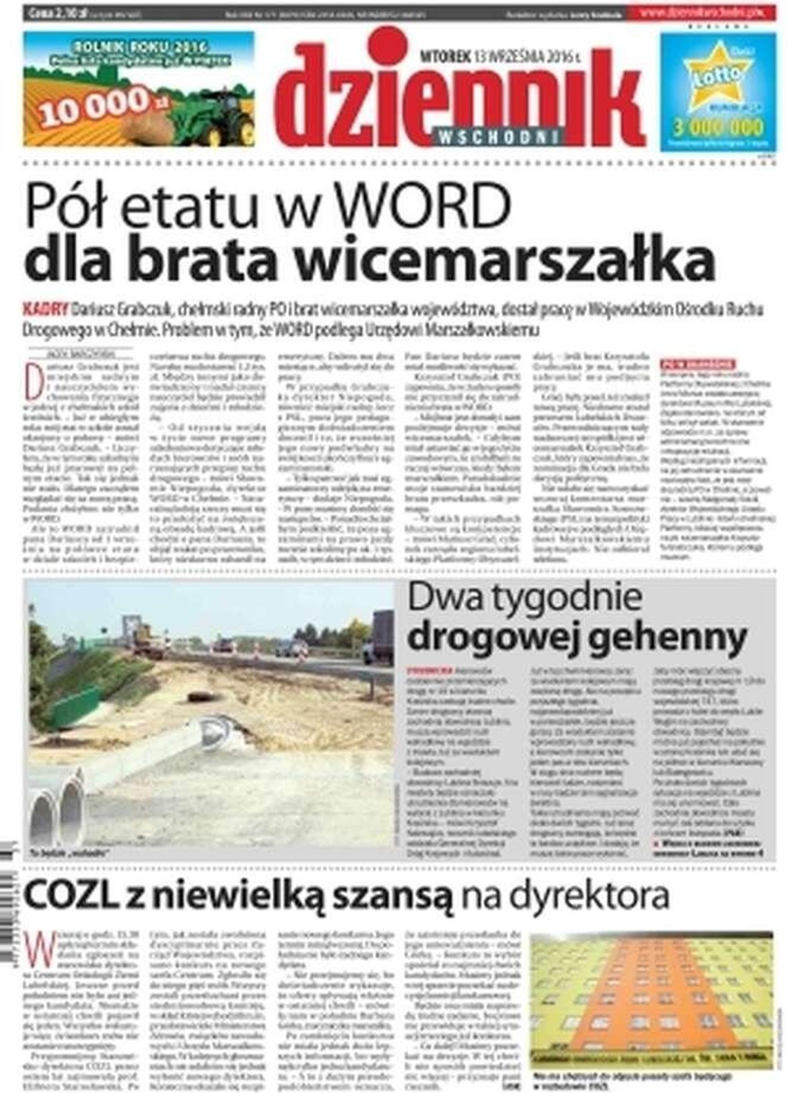 Pierwsza strona Dziennika Wschodniego z 13 września 2016