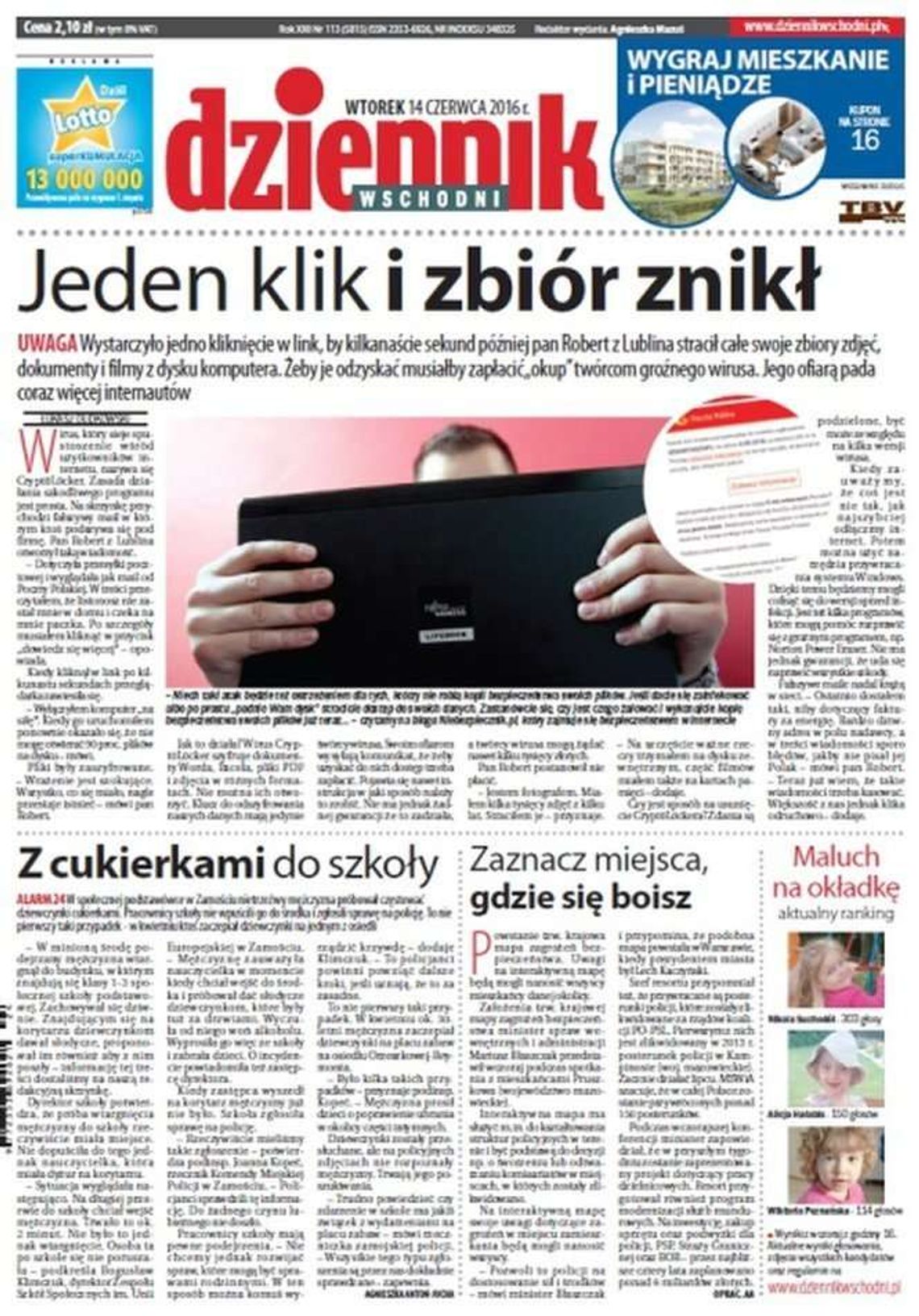 Pierwsza strona Dziennika Wschodniego z 14 czerwca 2016 roku