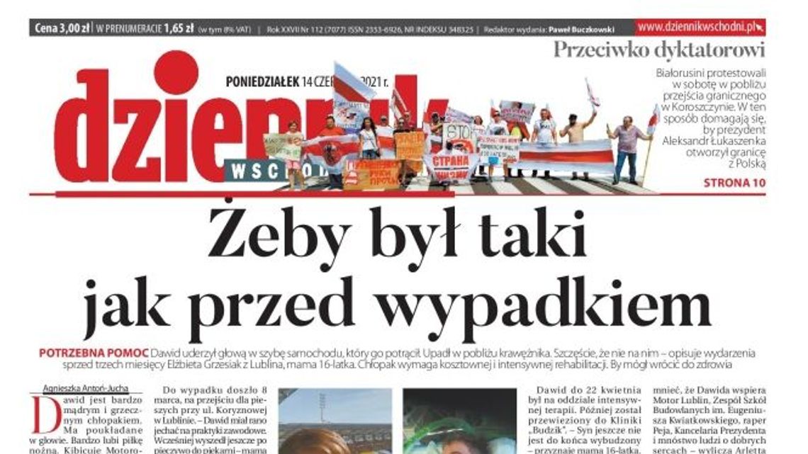 Pierwsza strona Dziennika Wschodniego z 14 czerwca 2021 r.