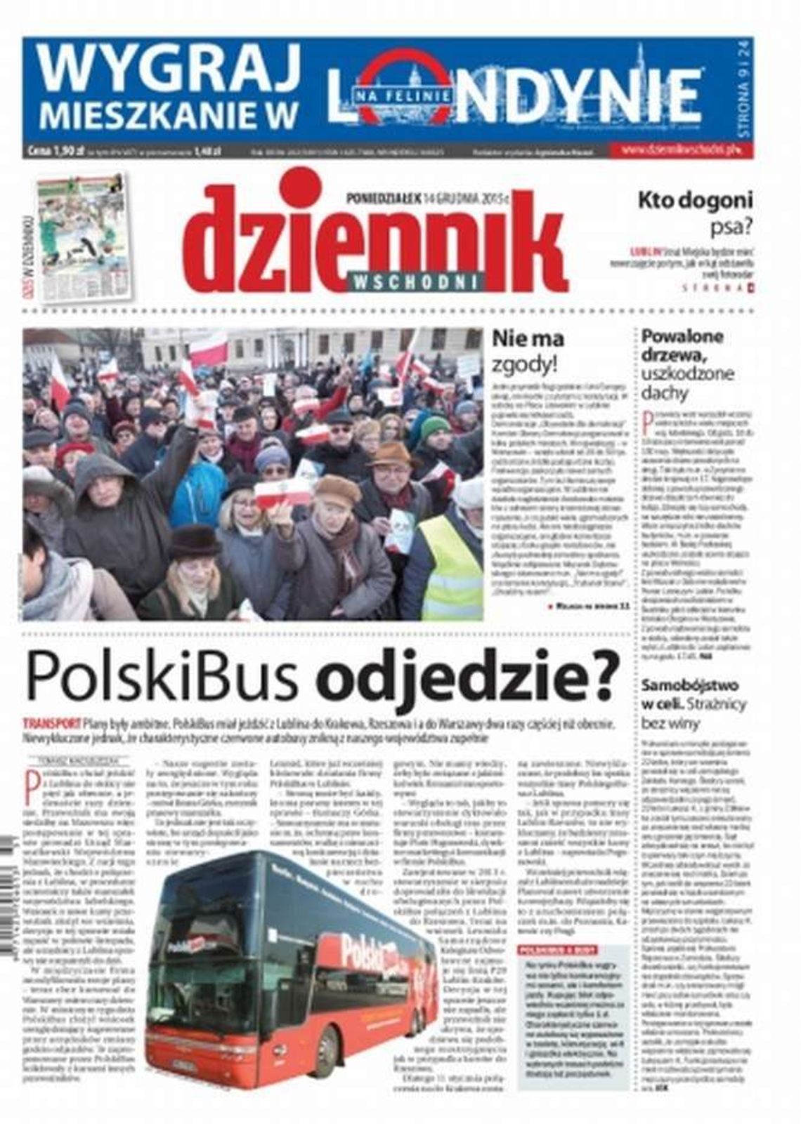 Pierwsza strona Dziennika Wschodniego z 14 grudnia 2015