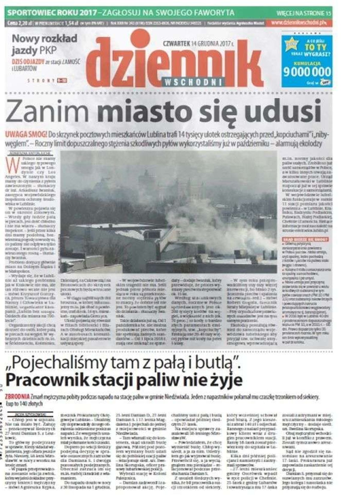 Pierwsza strona Dziennika Wschodniego z 14 grudnia 2017 roku