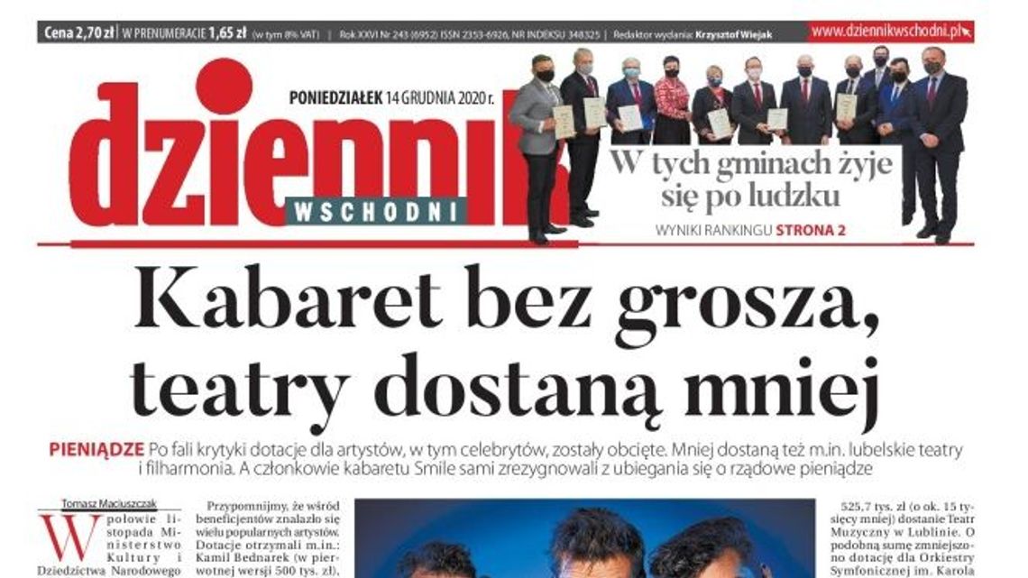 Pierwsza strona Dziennika Wschodniego z 14 grudnia 2020 r.