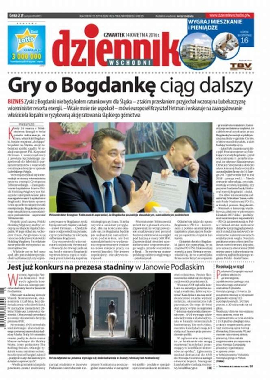 Pierwsza strona Dziennika Wschodniego z 14 kwietnia 2016 r.