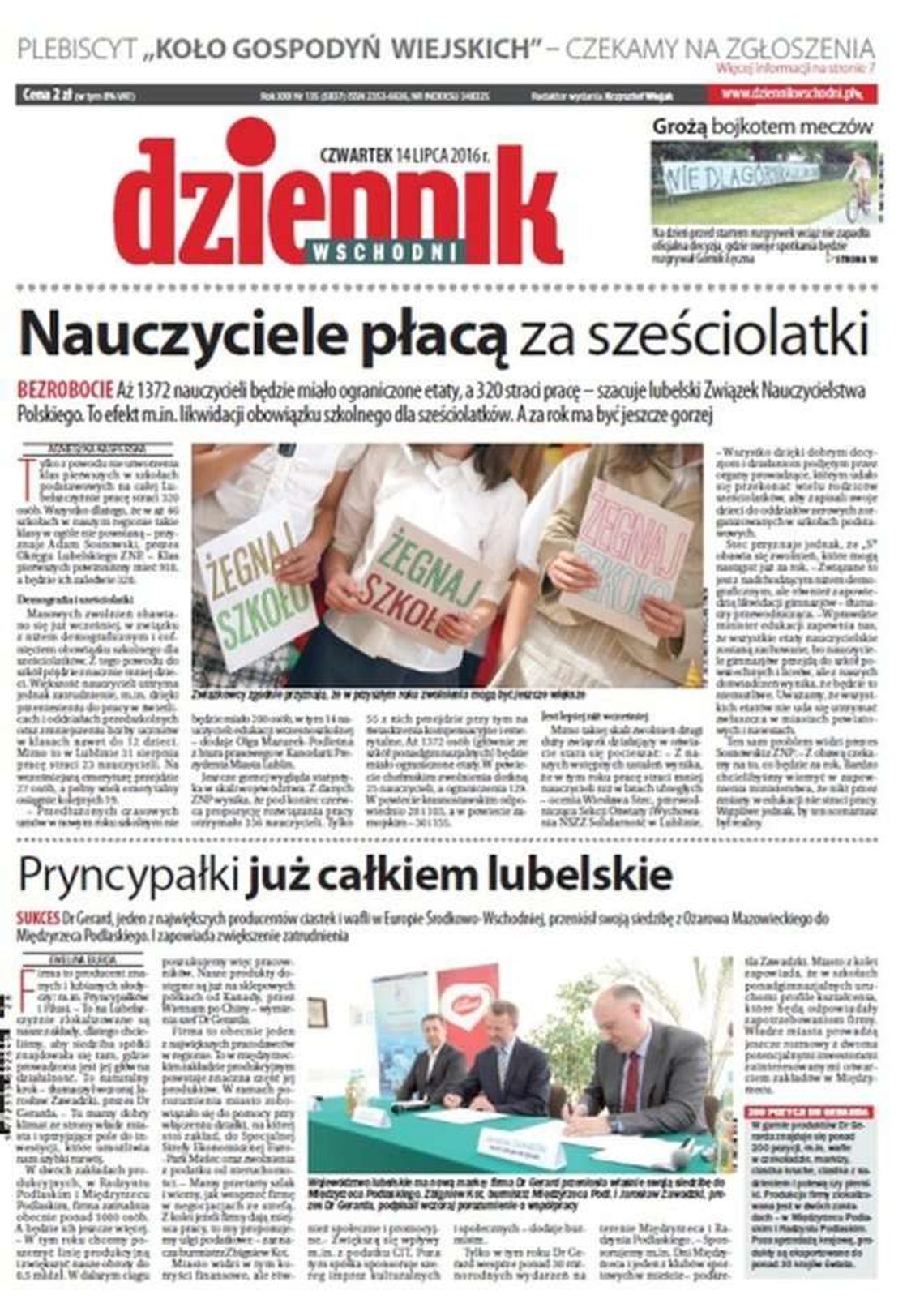 Pierwsza strona Dziennika Wschodniego z 14 lipca 2016 roku