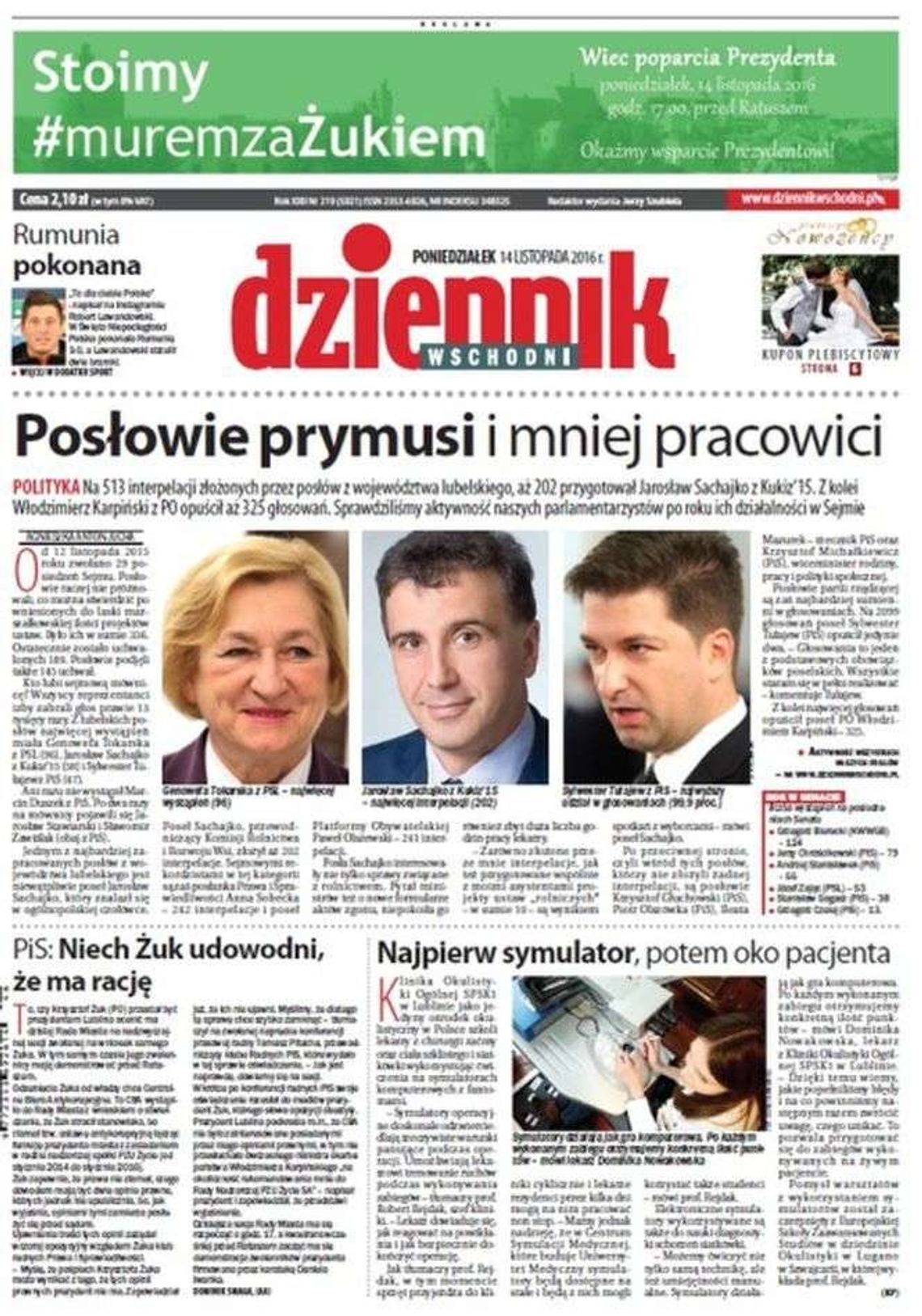 Pierwsza strona Dziennika Wschodniego z 14 listopada 2016 roku