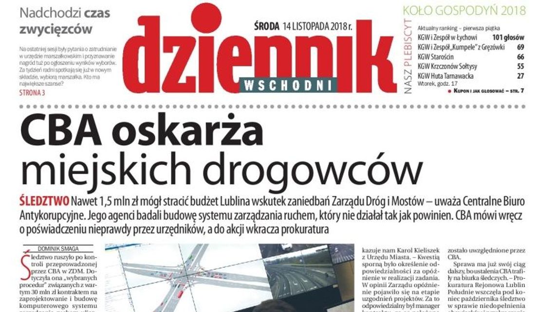 Pierwsza strona Dziennika Wschodniego z 14 listopada 2018 r.