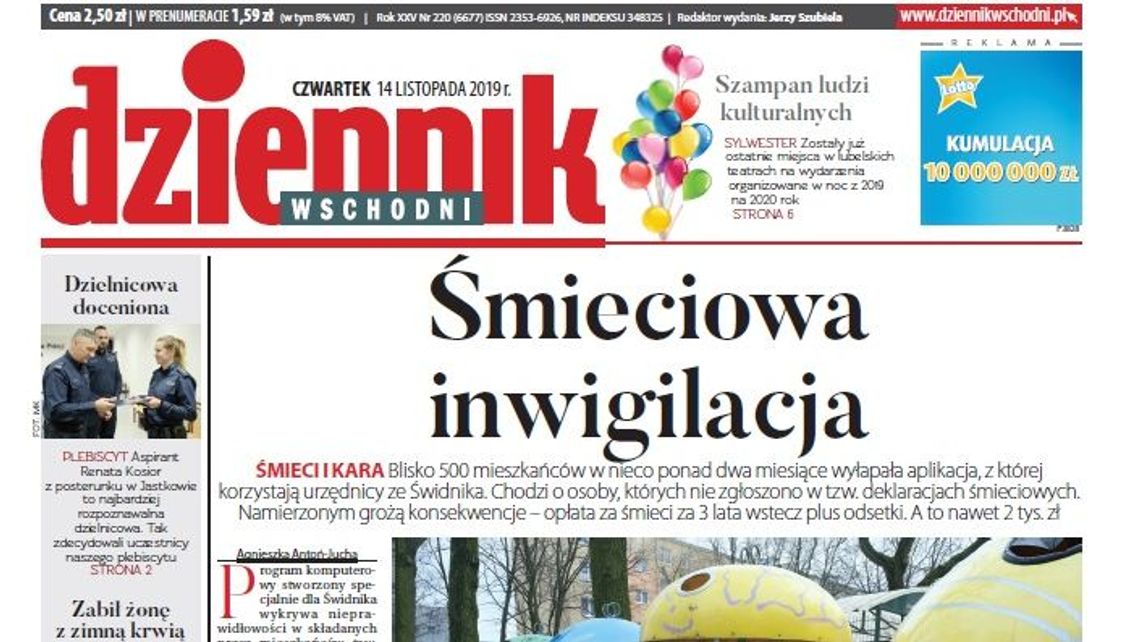 Pierwsza strona Dziennika Wschodniego z 14 listopada 2019 r.