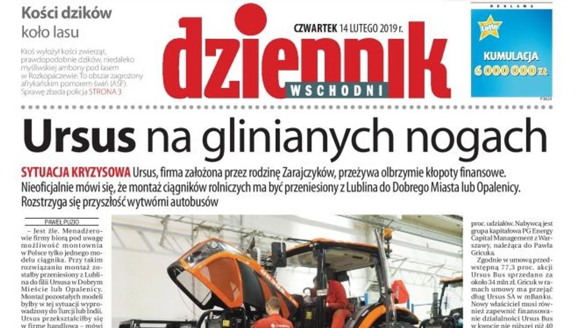 Pierwsza strona Dziennika Wschodniego z 14 lutego 2019 r.