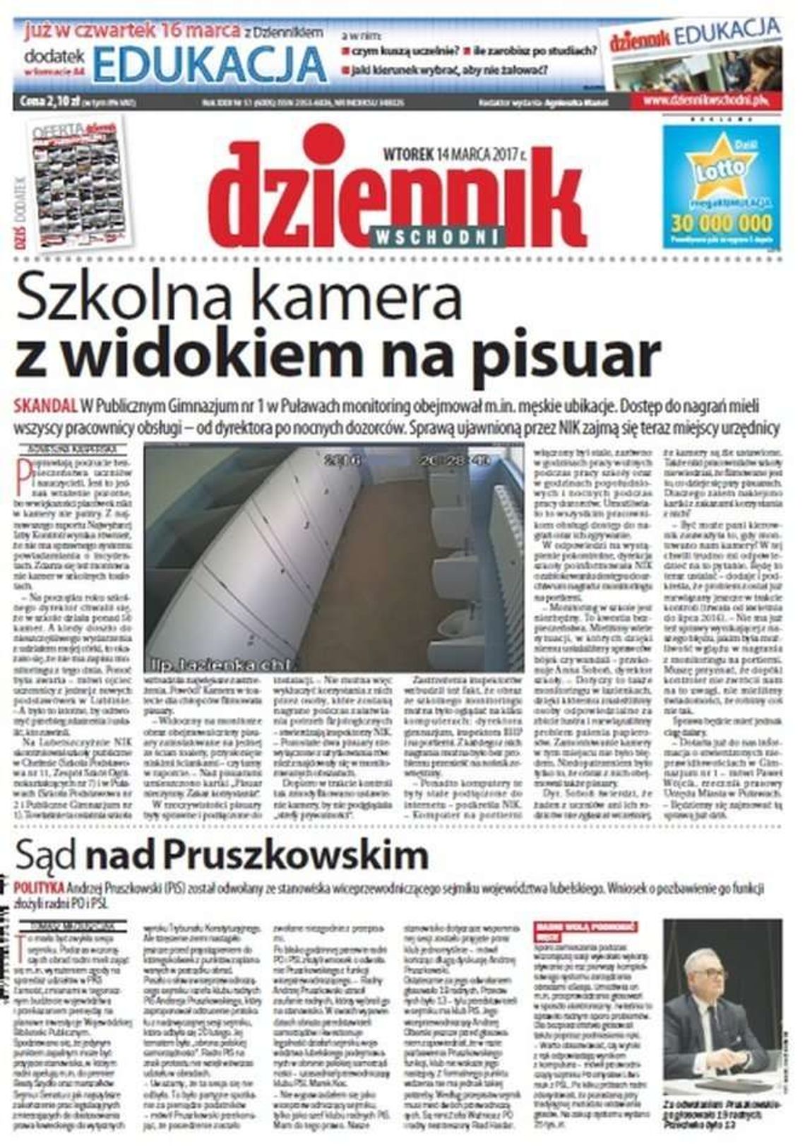 Pierwsza strona Dziennika Wschodniego z 14 marca 2017 roku