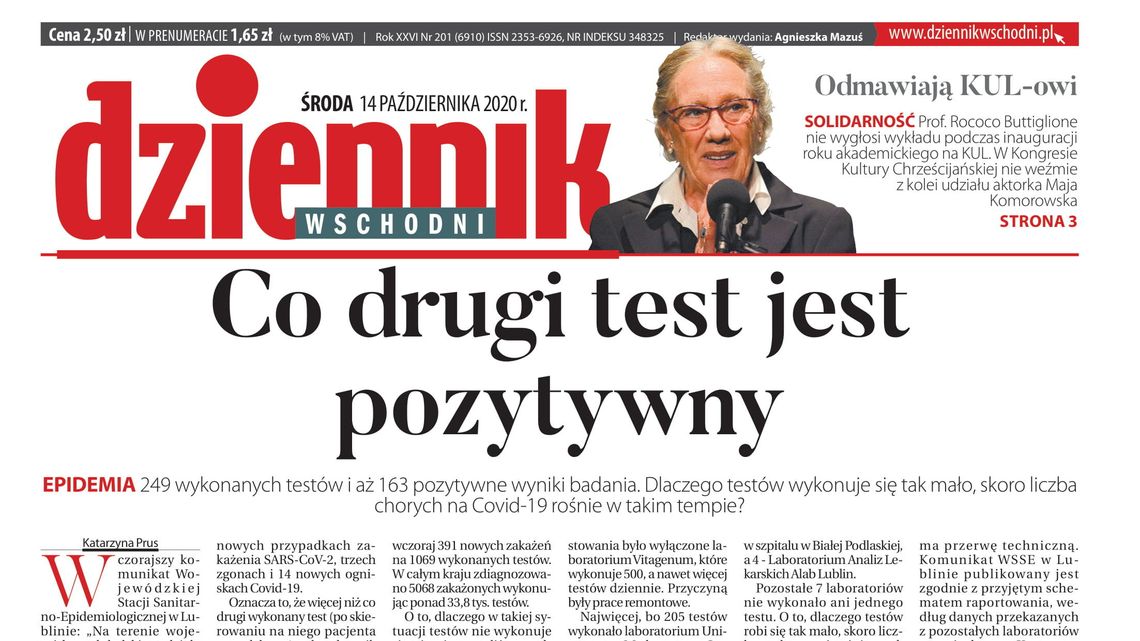 Pierwsza strona Dziennika Wschodniego z 14 października 2020 r.