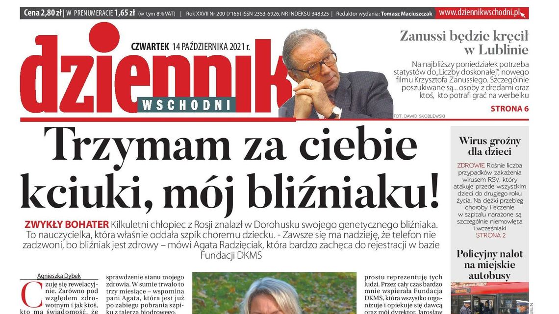 Pierwsza strona Dziennika Wschodniego z 14 października 2021 r.