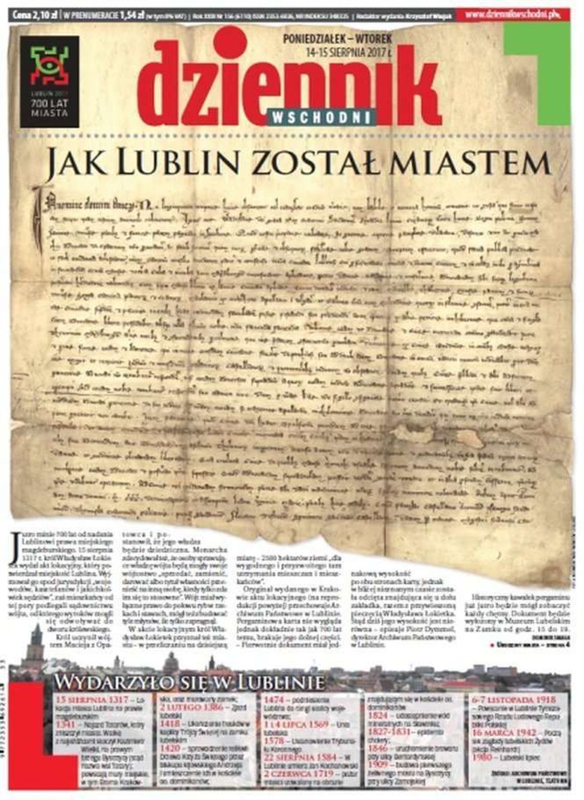 Pierwsza strona Dziennika Wschodniego z 14 sierpnia 2017 roku