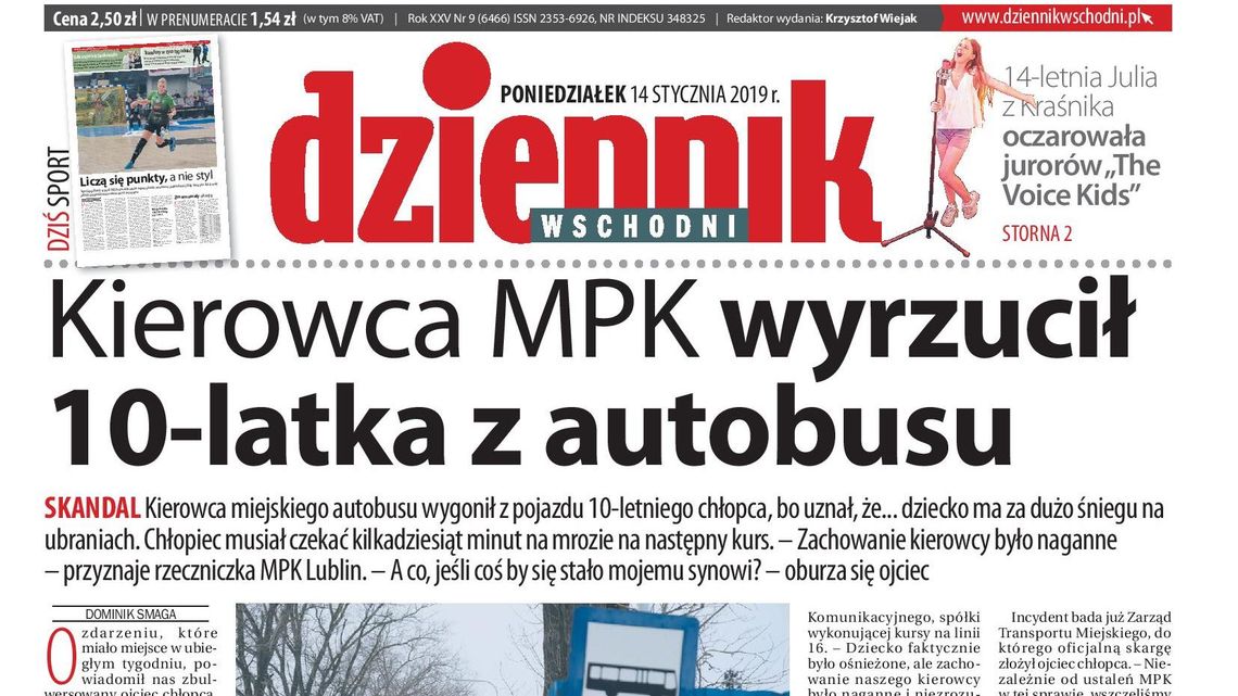 Pierwsza strona Dziennika Wschodniego z 14 stycznia 2019 r.