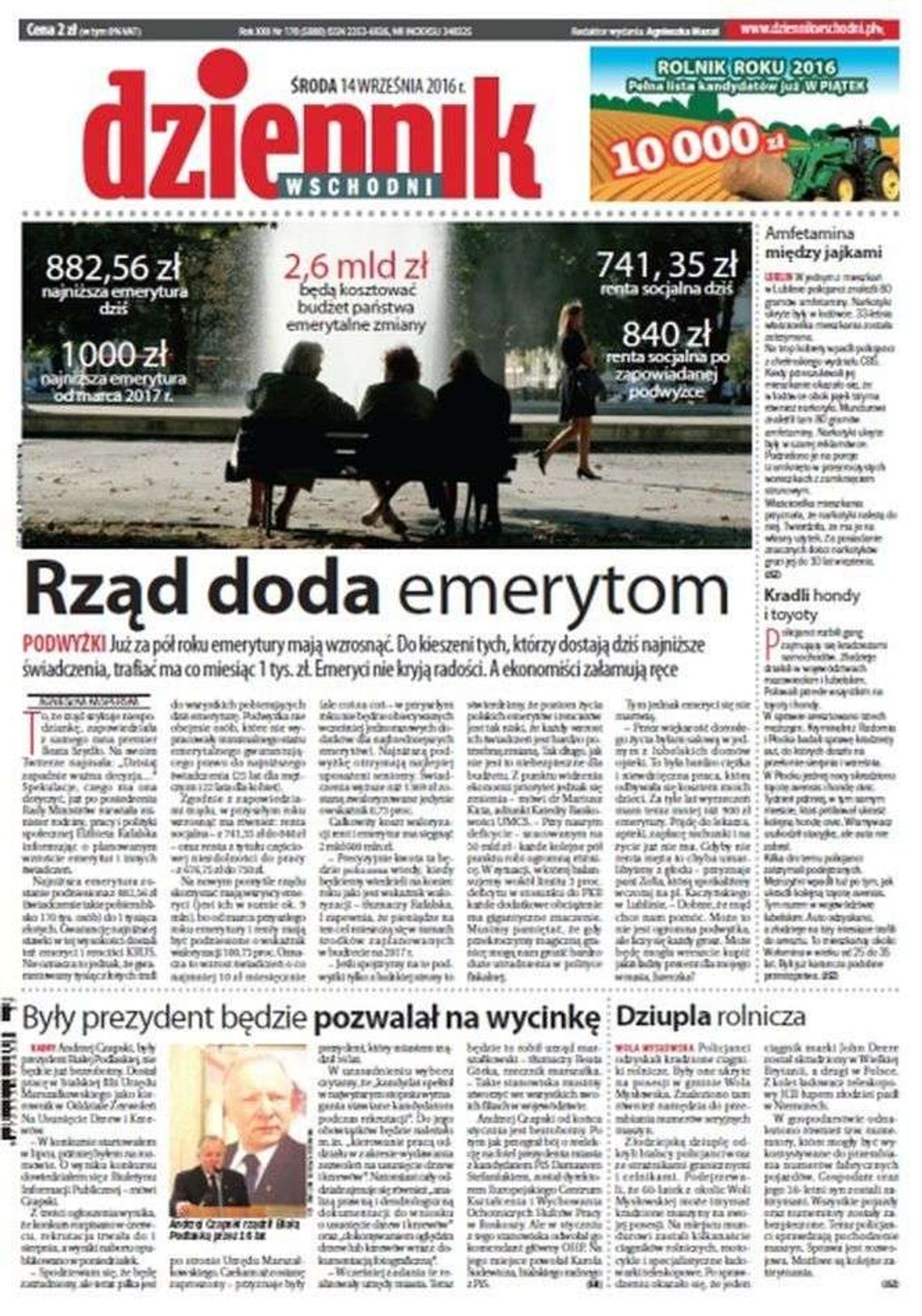 Pierwsza strona Dziennika Wschodniego z 14 września 2016 roku