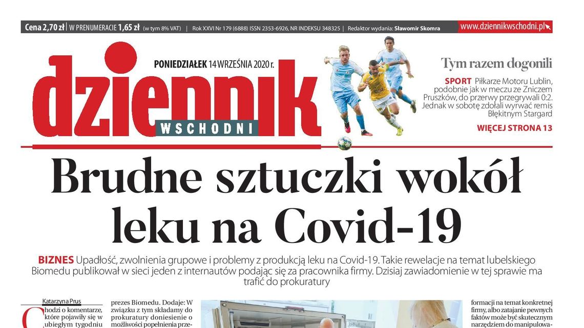 Pierwsza strona Dziennika Wschodniego z 14 września 2020 r.