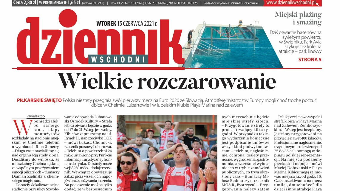 Pierwsza strona Dziennika Wschodniego z 15 czerwca 2021 r.