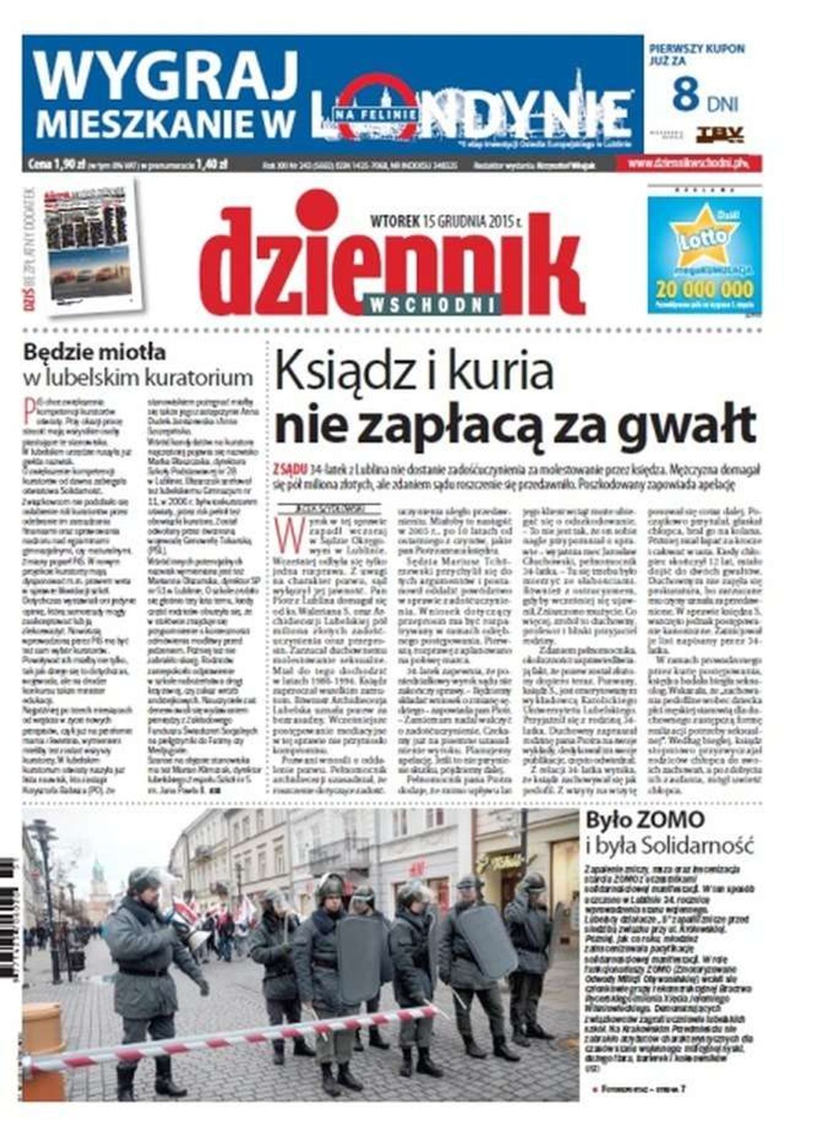 Pierwsza strona Dziennika Wschodniego z 15 grudnia 2015 roku