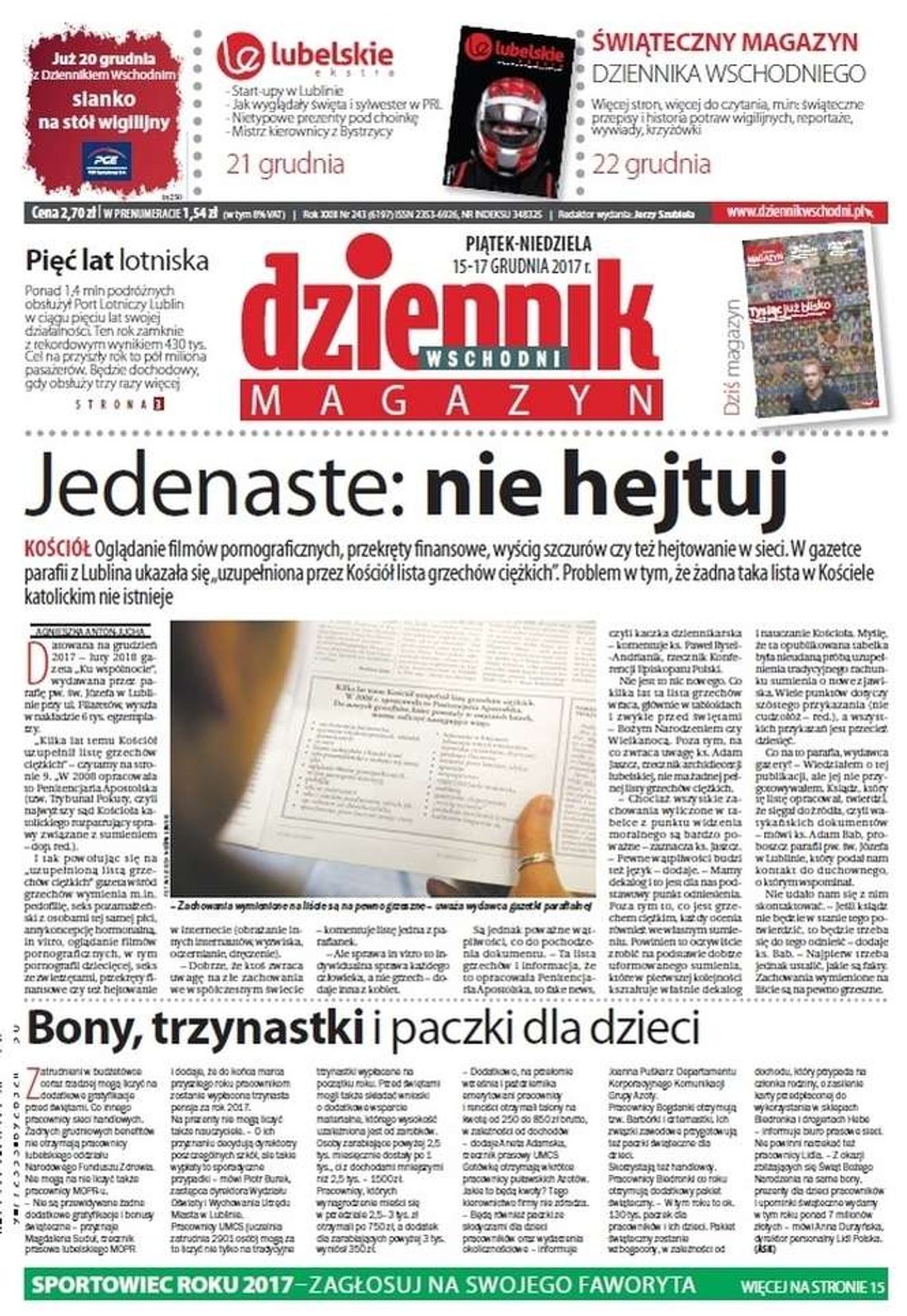 Pierwsza strona Dziennika Wschodniego z 15 grudnia 2017 roku