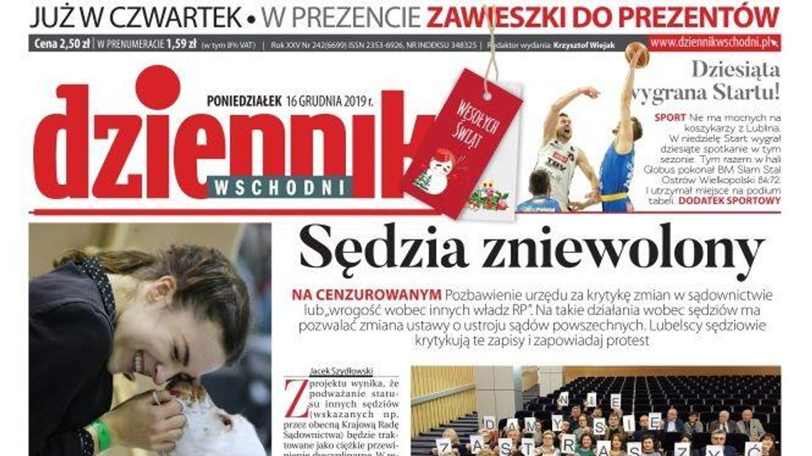 Pierwsza strona Dziennika Wschodniego z 15 grudnia 2019 r.