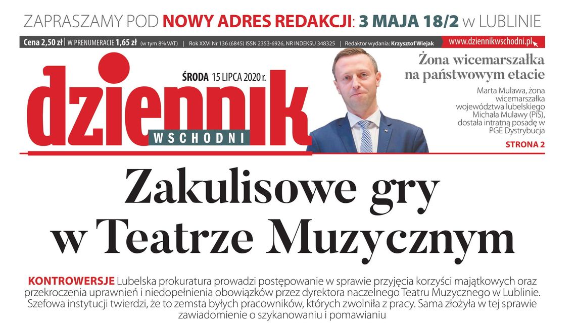 Pierwsza strona Dziennika Wschodniego z 15 lipca 2020 r.