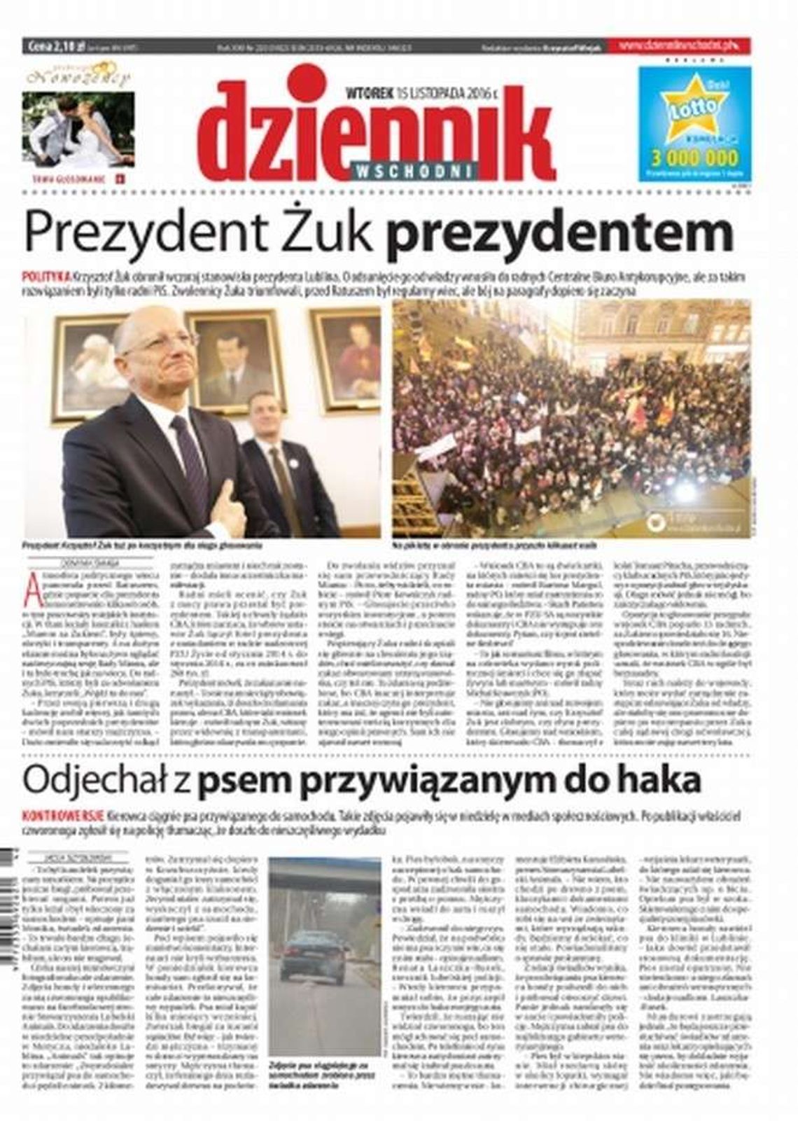 Pierwsza strona Dziennika Wschodniego z 15 listopada 2016