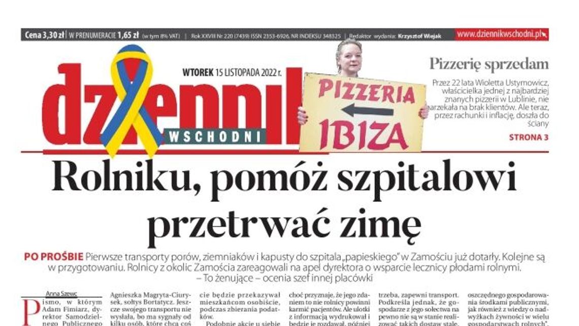 Pierwsza strona Dziennika Wschodniego z 15 listopada 2022 r.