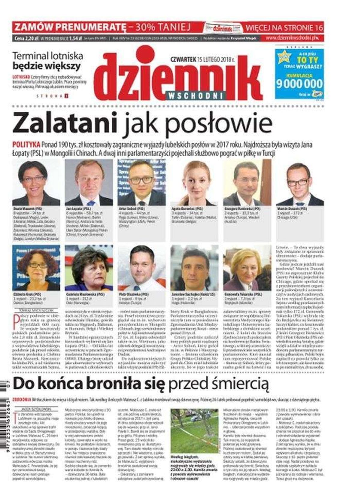 Pierwsza strona Dziennika Wschodniego z 15 lutego 2018 r.