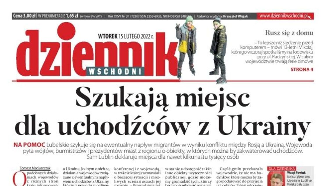 Pierwsza strona Dziennika Wschodniego z 15 lutego 2022 r.