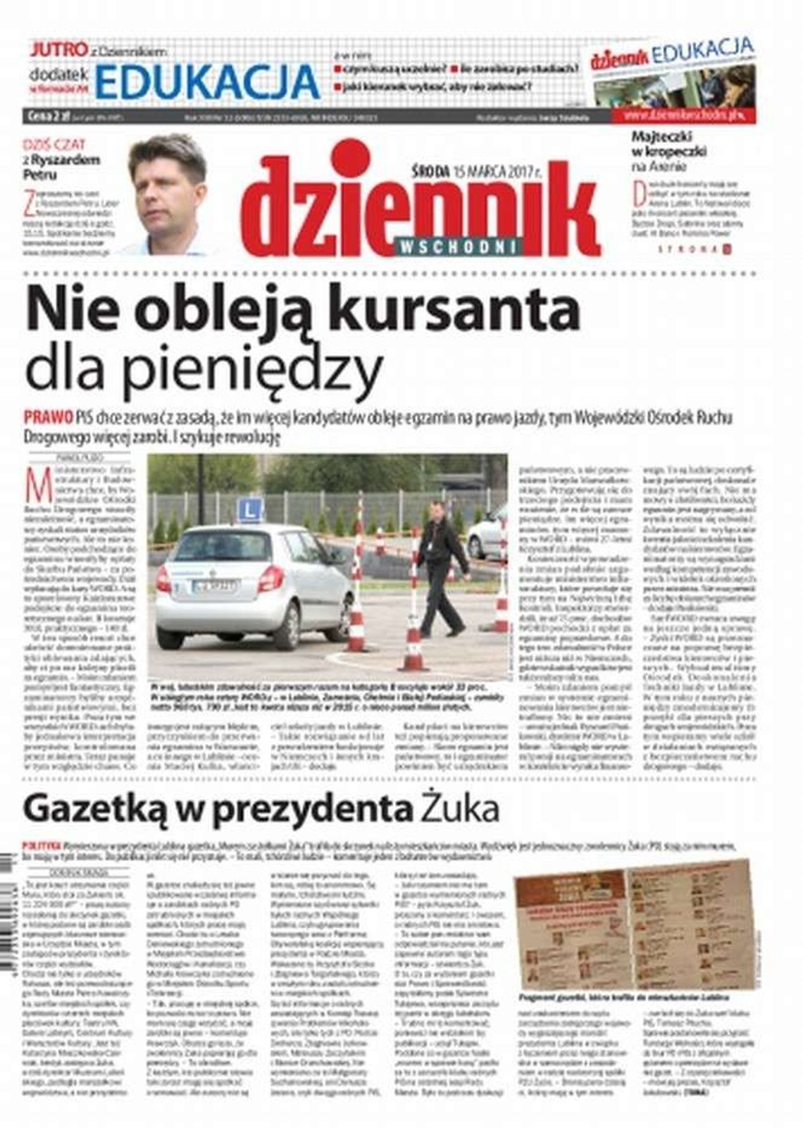 Pierwsza strona Dziennika Wschodniego z 15 marca 2017 r.