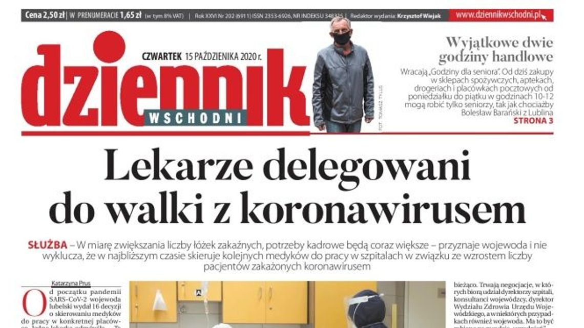 Pierwsza strona Dziennika Wschodniego z 15 października 2020 r.