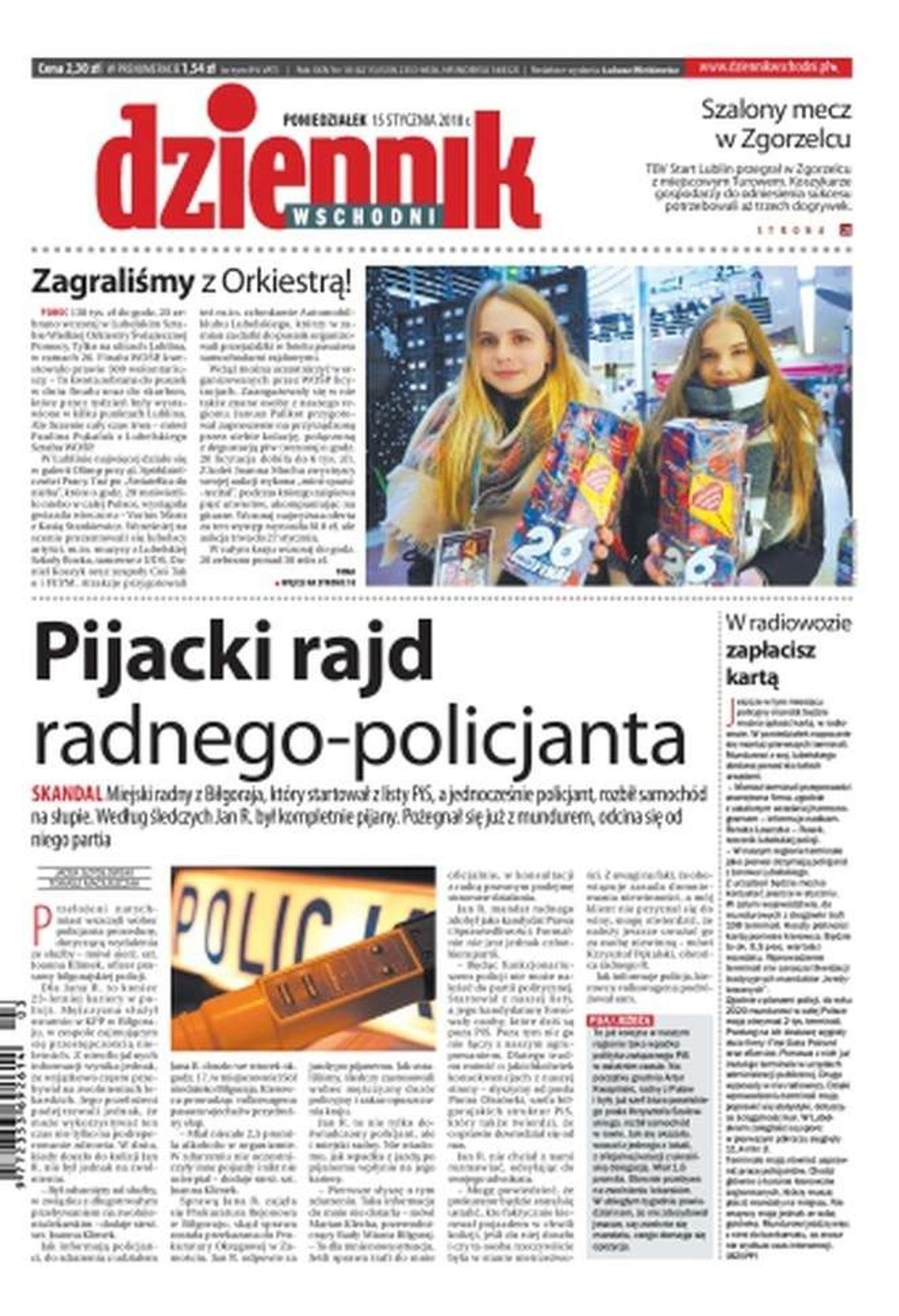 Pierwsza strona Dziennika Wschodniego z 15 stycznia 2018