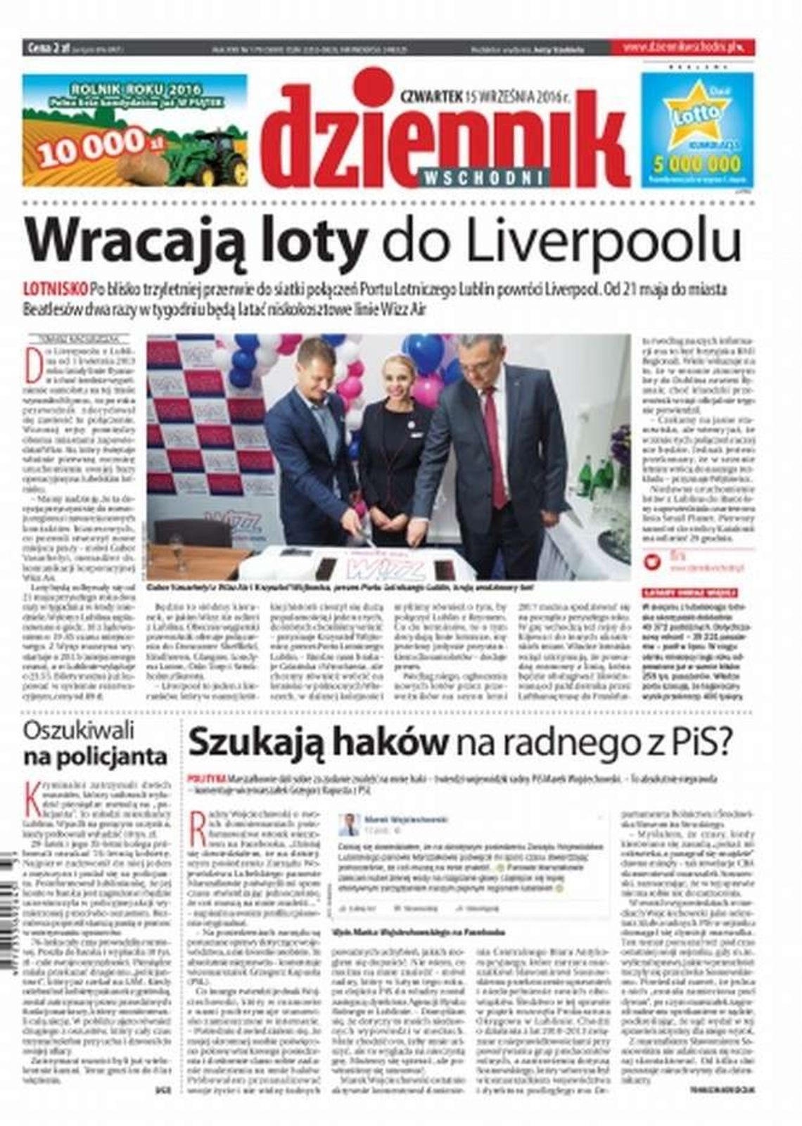 Pierwsza strona Dziennika Wschodniego z 15 września 2016 r.